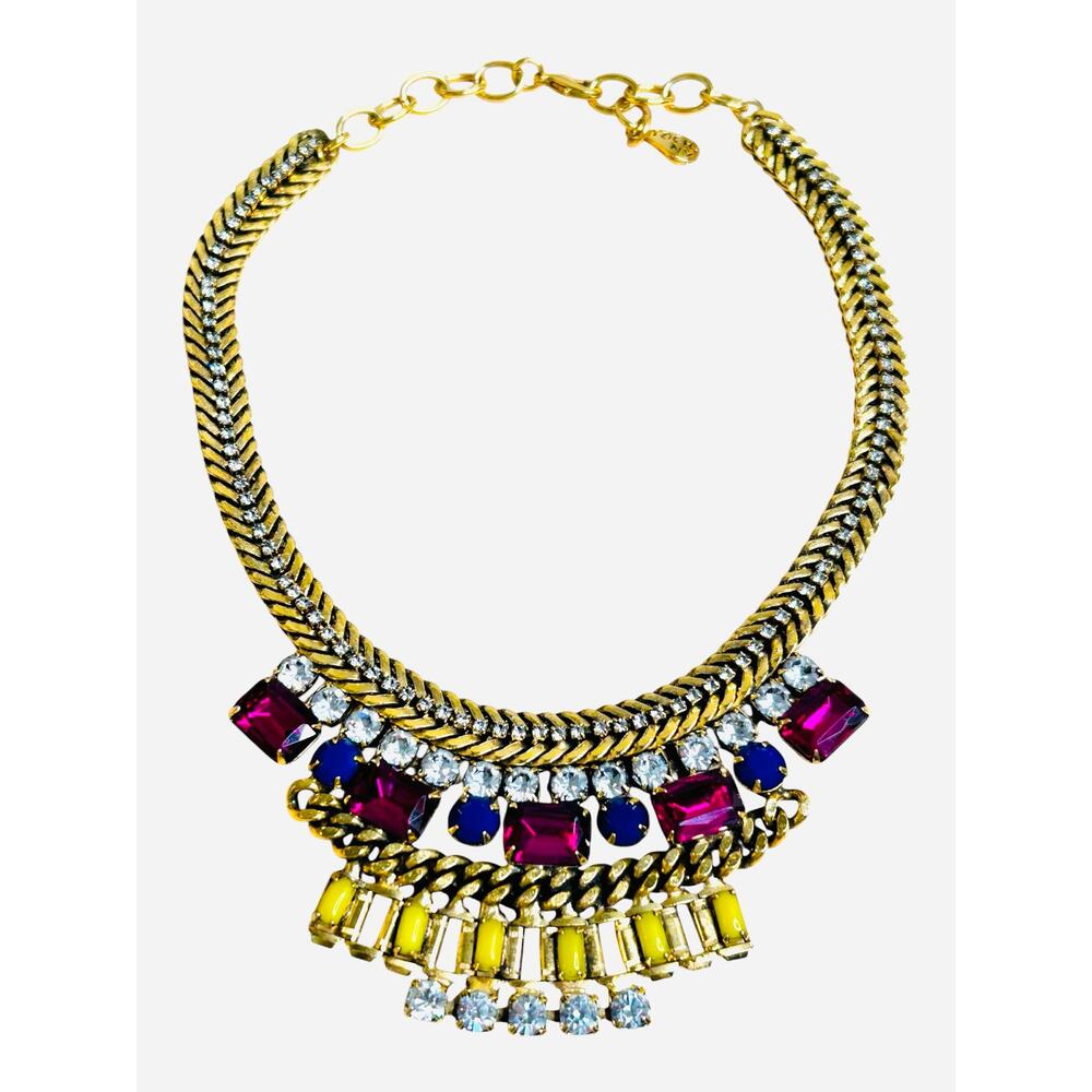Yochi NY Signed Gold Tone Bib Necklace Fuchsia Blue Yellow Crystals Rhinestones